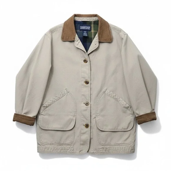 Lands' End Chore Coat Women Large Canvas Barn Field Flannel Lined Corduroy Tan - Picture 2 of 14